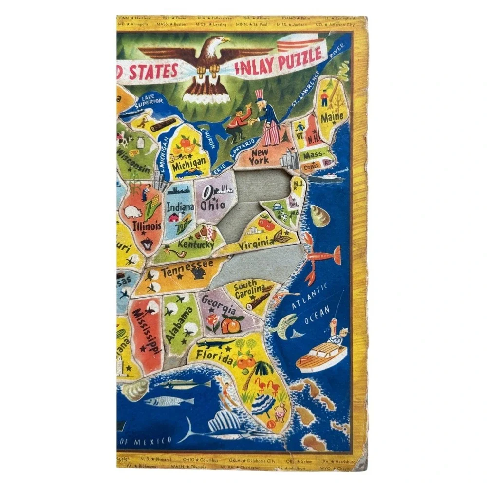 Vintage 1950s United States Map Inlay Puzzle‎ by Saalfield USA Educational Toy